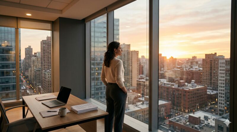 A person standing at a window overlooking a city at dawn